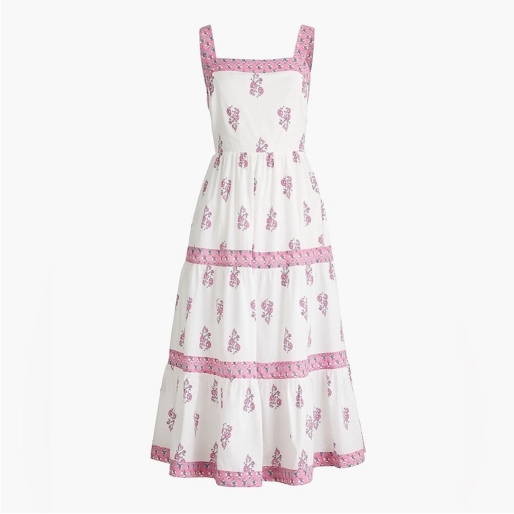 J. CREW Block Print Square Neck Tiered Midi Dress White Pink Floral Sz 18 NWOT